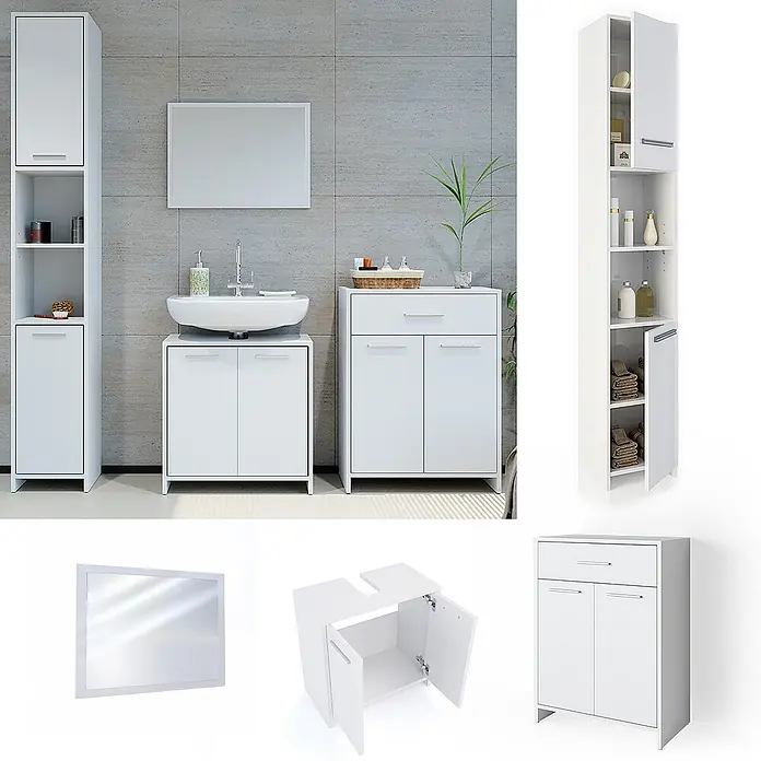 Vicco Badmöbel-Set Kiko Weiß 4 Teile, mit Hochschrank und Kommode - Gesamtbreite Badmöbel: 148 cm, Weiß, Matt - Weißes Badmöbelset mit mehreren Aufbewahrungsschränken und einem Spiegel.