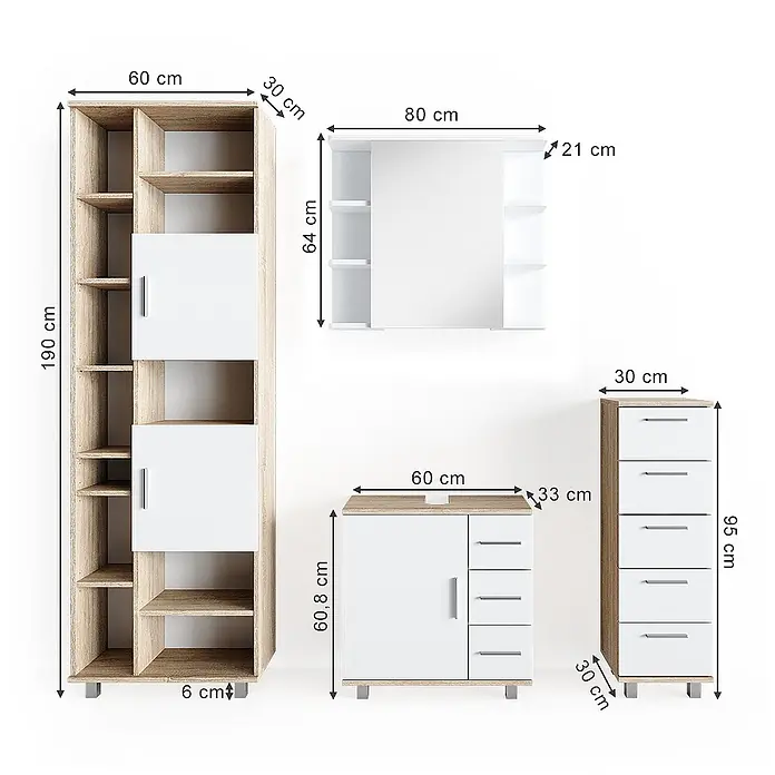 Vicco Badmöbel-Set Ilias Sonoma 4 Teile - Gesamtbreite Badmöbel: 150 cm, Sonoma, Matt - Set aus hellen Holz- und weißen Möbeln: ein hohes Regal, ein Wandschrank mit Spiegel, ein niedriger Schrank und eine Schubladenkommode.