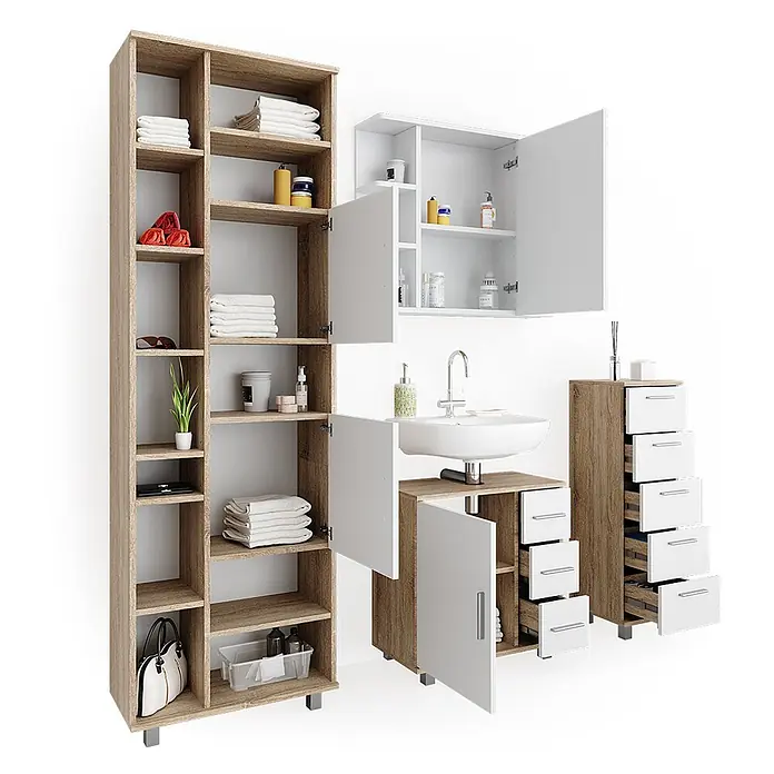 Vicco Badmöbel-Set Ilias Sonoma 4 Teile - Gesamtbreite Badmöbel: 150 cm, Sonoma, Matt - Badmöbel-Set in hellem Holz und Weiß, bestehend aus Regal, Wandschrank, Waschtisch mit Waschbecken und Schubladentürmen.
