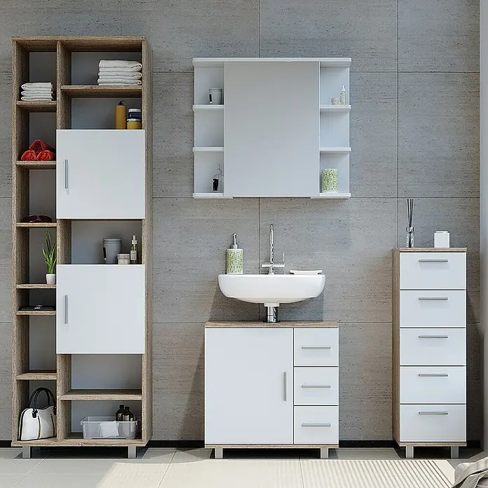 Vicco Badmöbel-Set Ilias Sonoma 4 Teile - Gesamtbreite Badmöbel: 150 cm, Sonoma, Matt - Weiß-hellbraunes Badmöbelset mit Hochschrank, Waschtisch, Spiegelschrank und Kommode.