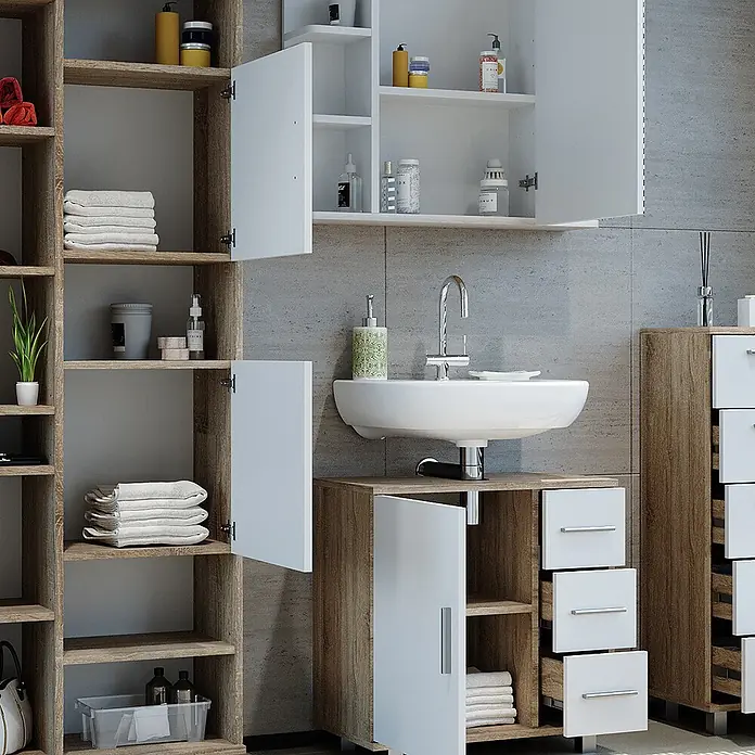 Vicco Badmöbel-Set Ilias Sonoma 4 Teile - Gesamtbreite Badmöbel: 150 cm, Sonoma, Matt - Modernes Badezimmermöbel-Set mit Holzoptik- und weißen Elementen, inkl. Regalen, Waschtisch und Schubladen.