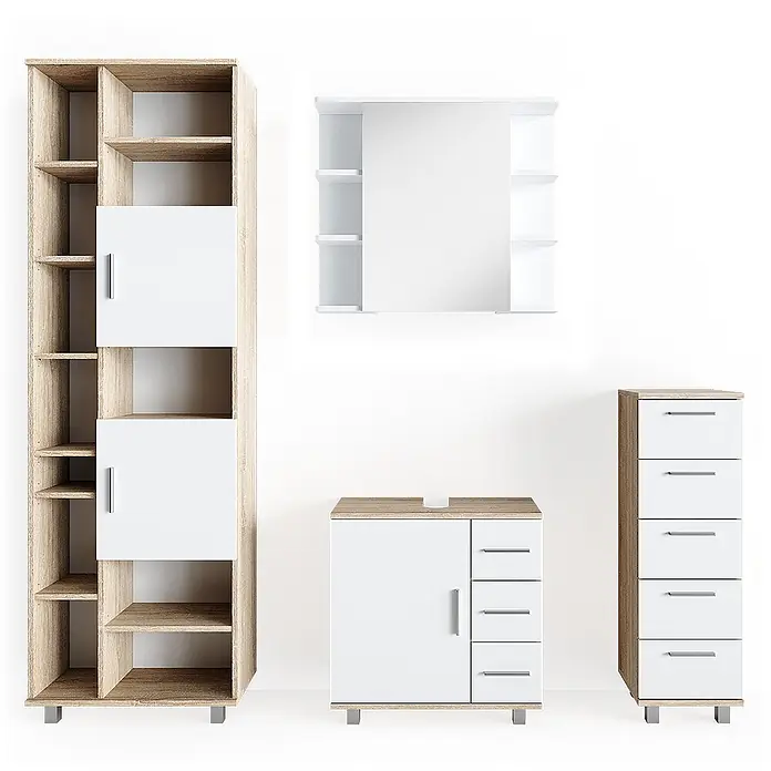 Vicco Badmöbel-Set Ilias Sonoma 4 Teile - Gesamtbreite Badmöbel: 150 cm, Sonoma, Matt - Set moderner Badezimmermöbel in heller Holz- und Weißoptik, bestehend aus Regal, Spiegelschrank, Waschbeckenunterschrank und Kommode.