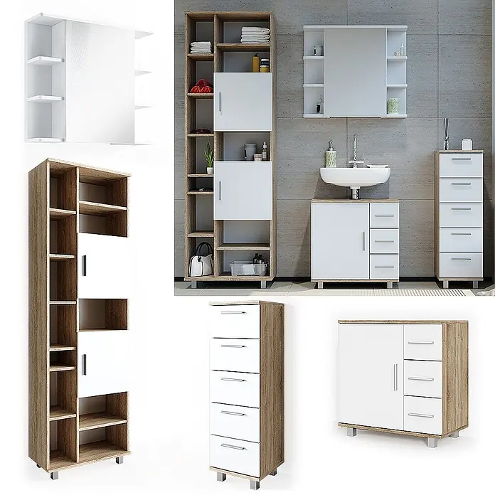 Vicco Badmöbel-Set Ilias Sonoma 4 Teile - Gesamtbreite Badmöbel: 150 cm, Sonoma, Matt - Badezimmermöbel-Set in hellem Holz und Weiß, mit hohen Regalen, Waschtisch und Schränken.