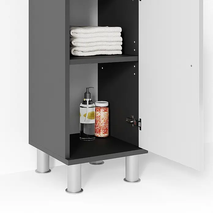 Vicco Badmöbel-Set Fynn Anthrazit 4 Teile - Gesamtbreite Badmöbel: 120 cm, Anthrazit, Glänzend - Dunkelgrauer Badschrank mit weißer Tür, silbernen Beinen und zwei Innenböden. Oberes Regal mit Handtüchern, unteres mit Seifenspender und Dose.