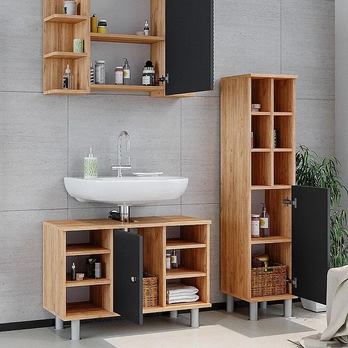 Vicco Badmöbel-Set Fynn Goldkraft Eiche 3 Teile, mit Midischrank Tür groß - Gesamtbreite Badmöbel: 110 cm, Goldkraft Eiche, Matt - Modernes Badezimmermöbelset aus hellem Holz und Schwarz, bestehend aus Waschbeckenunterschrank, Wandschrank und hohem Stauraumschrank.