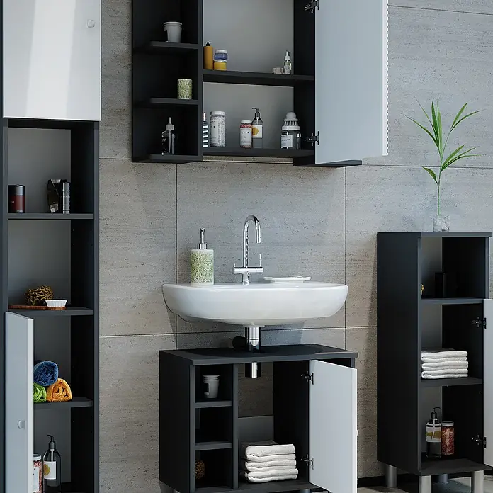 Vicco Badmöbel-Set Fynn Anthrazit 4 Teile - Gesamtbreite Badmöbel: 120 cm, Anthrazit, Glänzend - Schwarz-weißes Badezimmermöbel-Set mit Wandschränken, Waschtisch und Hochschränken, alle mit offenen und geschlossenen Fächern.