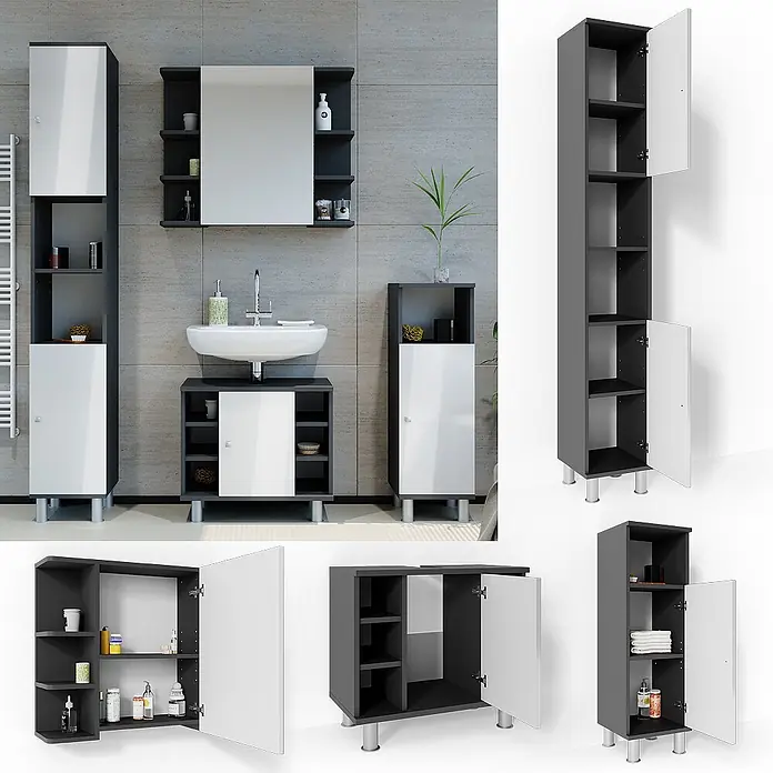 Vicco Badmöbel-Set Fynn Anthrazit 4 Teile - Gesamtbreite Badmöbel: 120 cm, Anthrazit, Glänzend - Modernes dunkelgraues Badmöbel-Set mit weißen Türen für vielseitige Aufbewahrung.