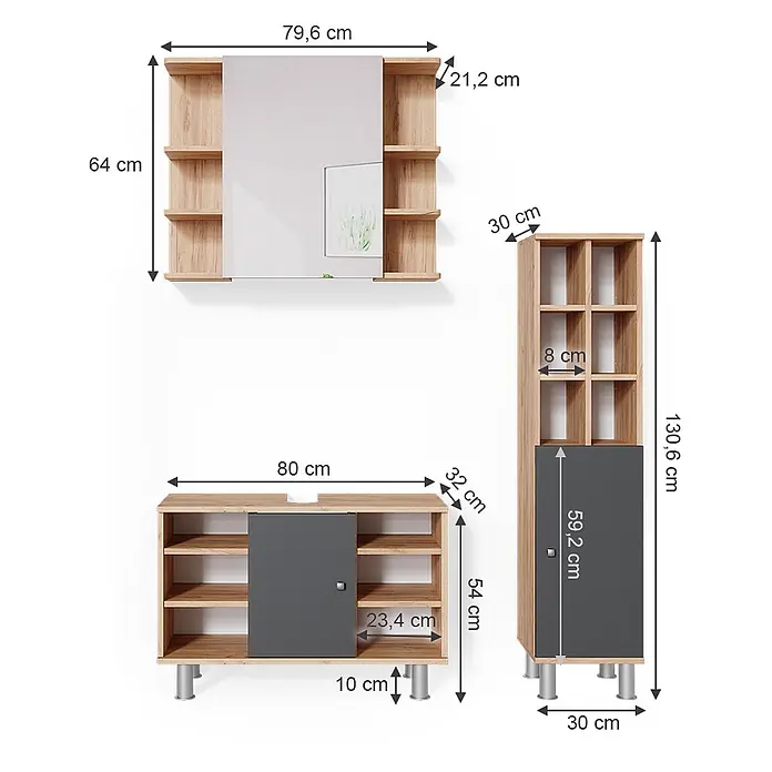 Vicco Badmöbel-Set Fynn Goldkraft Eiche 3 Teile, mit Midischrank Tür groß - Gesamtbreite Badmöbel: 110 cm, Goldkraft Eiche, Matt - Drei moduläre Aufbewahrungsmöbel aus hellem Holz mit dunkelgrauen Akzenten: ein Spiegelschrank, ein niedriger Schrank mit Schiebetür und ein hoher Regalschrank.