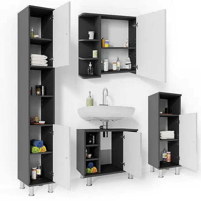 Vicco Badmöbel-Set Fynn Anthrazit 4 Teile - Gesamtbreite Badmöbel: 120 cm, Anthrazit, Glänzend - Badmöbelset in Anthrazit mit weißen Türen, inkl. Hoch-, Spiegelschrank, Waschtischunter- und kleinen Unterschränken auf Silberfüßen.