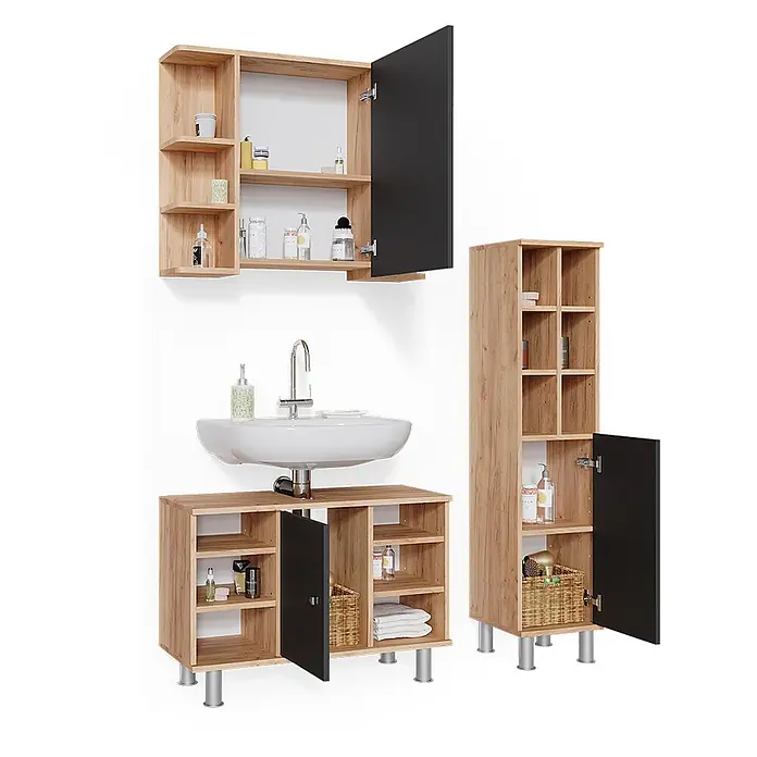 Vicco Badmöbel-Set Fynn Goldkraft Eiche 3 Teile, mit Midischrank Tür groß - Gesamtbreite Badmöbel: 110 cm, Goldkraft Eiche, Matt - Badezimmermöbel-Set aus hellem Holz mit dunklen Türen. Besteht aus Spiegelschrank, Waschtischunterschrank und Hochschrank.