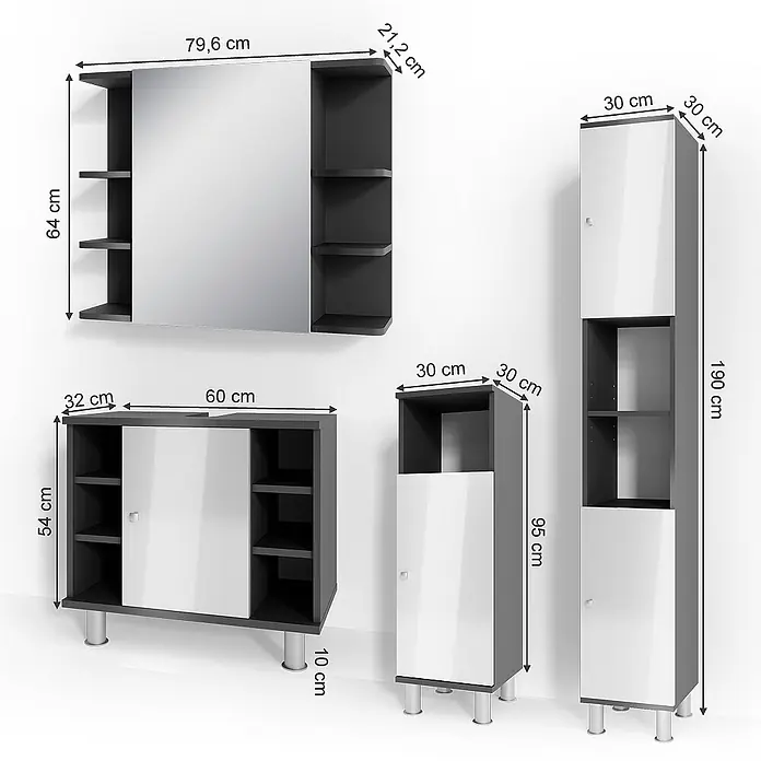 Vicco Badmöbel-Set Fynn Anthrazit 4 Teile - Gesamtbreite Badmöbel: 120 cm, Anthrazit, Glänzend - Set dunkelgrauer Badmöbel mit weißen Hochglanztüren: Spiegelschrank, Unterschrank und zwei Hochschränke.