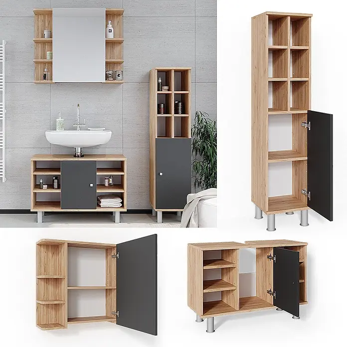 Vicco Badmöbel-Set Fynn Goldkraft Eiche 3 Teile, mit Midischrank Tür groß - Gesamtbreite Badmöbel: 110 cm, Goldkraft Eiche, Matt - Badezimmermöbel-Set: Waschtischunterschrank mit Waschbecken, Spiegelschrank und Hochschrank in heller Holzoptik mit dunklen Türen.