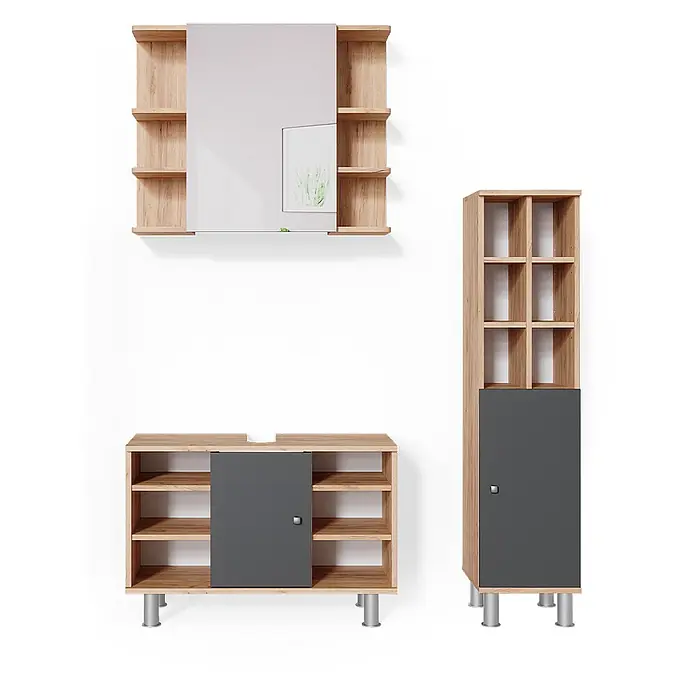 Vicco Badmöbel-Set Fynn Goldkraft Eiche 3 Teile, mit Midischrank Tür groß - Gesamtbreite Badmöbel: 110 cm, Goldkraft Eiche, Matt - Badezimmermöbel-Set aus hellem Holz und Dunkelgrau: Spiegelschrank, Waschtischunterschrank und Hochschrank.