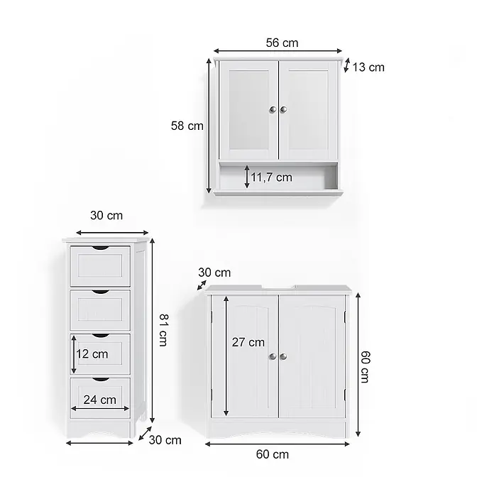 Vicco Badmöbel-Set Bianco Weiß 3 Teile - Gesamtbreite Badmöbel: 90 cm, Weiß, Matt - Drei weiße Badmöbel: Hängeschrank, Schubladenschrank und Waschbeckenunterschrank, alle weiß und mit Maßen dargestellt.