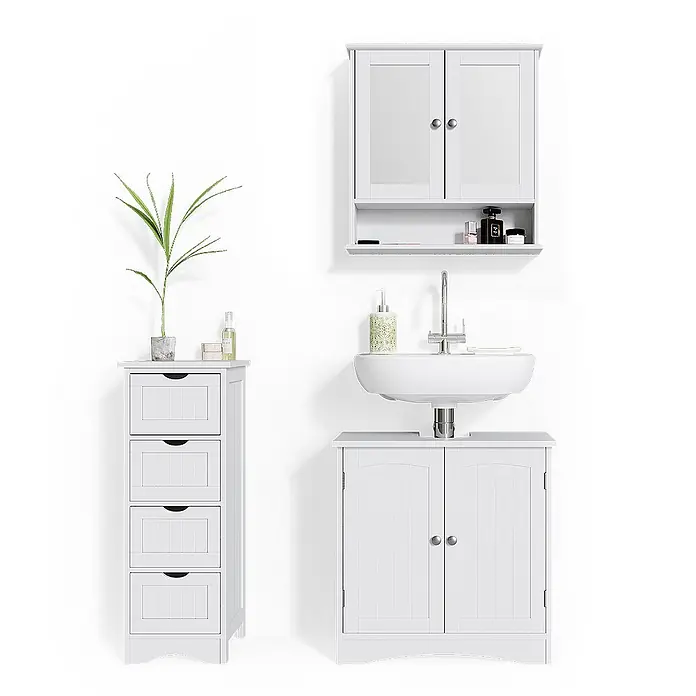Vicco Badmöbel-Set Bianco Weiß 3 Teile - Gesamtbreite Badmöbel: 90 cm, Weiß, Matt - Weißes Badmöbel-Set mit Waschtisch, Wandschrank und hohem Schubladenschrank.