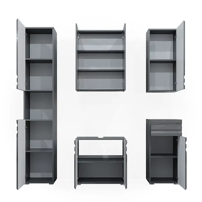 Vicco Badmöbel-Set Fredd Anthrazit Hochglanz 5 Teile - Gesamtbreite Badmöbel: 132,8 cm, Anthrazit Hochglanz, Matt - Set aus dunkelgrauen modularen Badschränken mit offenen Türen, die die Innenregale zeigen. Enthält hohe, Wand- und Waschtischunterschränke.