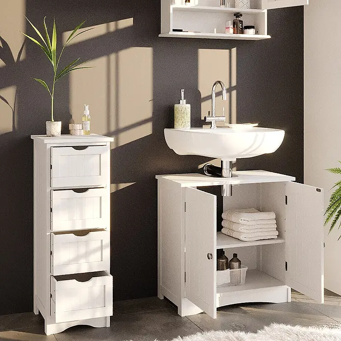 Vicco Badmöbel-Set Bianco Weiß 3 Teile - Gesamtbreite Badmöbel: 90 cm, Weiß, Matt - Weißes Badezimmermöbel-Set aus Holz mit hohem Schubladenschrank, Waschtischunterschrank und Hängeschrank.