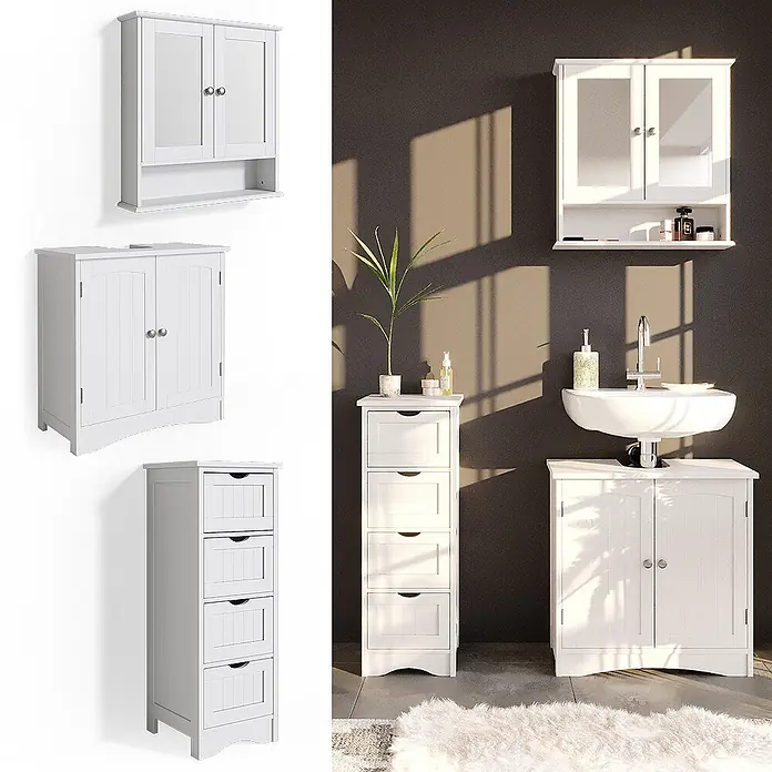 Vicco Badmöbel-Set Bianco Weiß 3 Teile - Gesamtbreite Badmöbel: 90 cm, Weiß, Matt - Set weißer Badmöbel aus Holz: Wandschrank, Waschbeckenunterschrank und hoher Schubladenschrank.