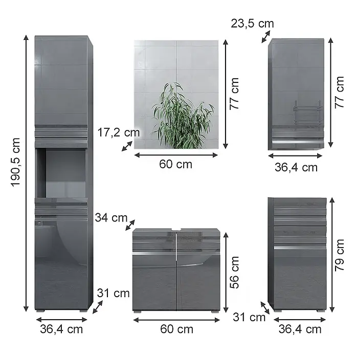 Vicco Badmöbel-Set Fredd Anthrazit Hochglanz 5 Teile - Gesamtbreite Badmöbel: 132,8 cm, Anthrazit Hochglanz, Matt - Set aus glänzenden grauen Badmöbeln, darunter verschiedene Schränke und Aufbewahrungseinheiten mit Maßen.