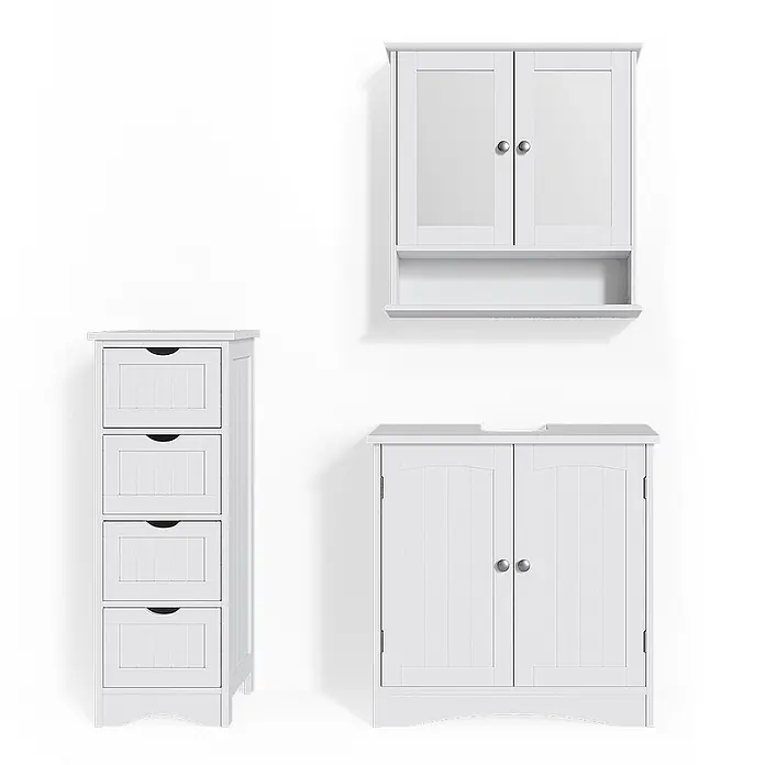 Vicco Badmöbel-Set Bianco Weiß 3 Teile - Gesamtbreite Badmöbel: 90 cm, Weiß, Matt - Set aus drei weißen Badmöbeln: ein hoher Schubladenschrank, ein Hängeschrank und ein Waschtischunterschrank.