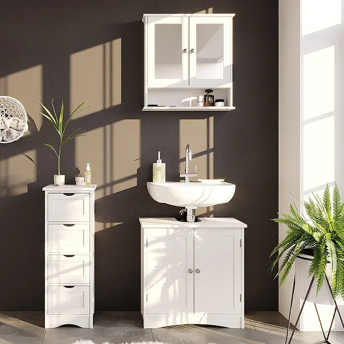 Vicco Badmöbel-Set Bianco Weiß 3 Teile - Gesamtbreite Badmöbel: 90 cm, Weiß, Matt - Weißes Badmöbel-Set aus Holz mit Wandschrank, Waschbeckenunterschrank und hohem Stauraumelement.