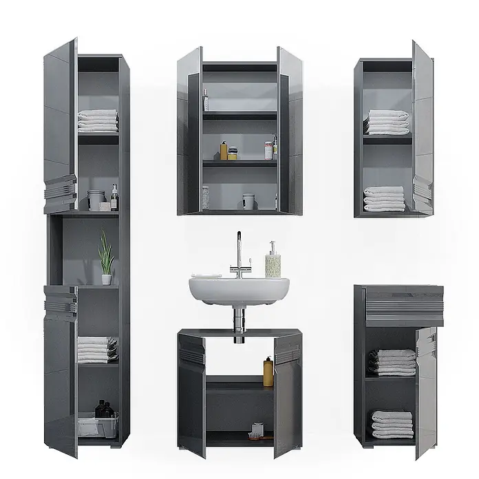 Vicco Badmöbel-Set Fredd Anthrazit Hochglanz 5 Teile - Gesamtbreite Badmöbel: 132,8 cm, Anthrazit Hochglanz, Matt - Set glänzender grauer Badschränke und Waschtischunterschrank mit Waschbecken, zeigt Stauraum für Handtücher und Toilettenartikel.