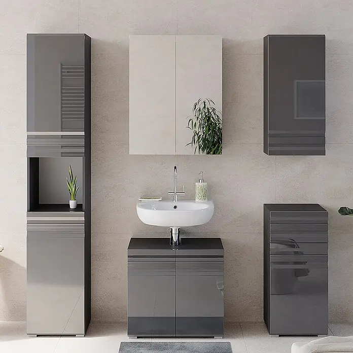 Vicco Badmöbel-Set Fredd Anthrazit Hochglanz 5 Teile - Gesamtbreite Badmöbel: 132,8 cm, Anthrazit Hochglanz, Matt - Glänzendes dunkelgraues Badmöbelset mit horizontalen Streifendetails, inklusive Hochschrank, Waschtisch und Wandschränken.