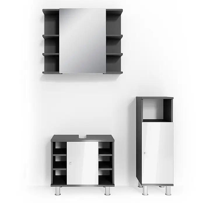 Vicco Badmöbel-Set Fynn Anthrazit 3 Teile, mit Midischrank - Gesamtbreite Badmöbel: 90 cm, Anthrazit, Glänzend - Modernes Badezimmermöbel-Set in Dunkelgrau und Glanzweiß. Bestehend aus Spiegelschrank, Waschtischunterschrank mit Schiebetüren und Hochschrank.