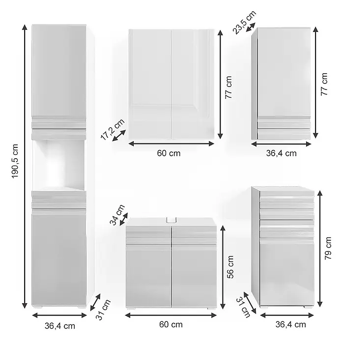 Vicco Badmöbel-Set Fredd Weiß Hochglanz 5 Teile - Gesamtbreite Badmöbel: 132,8 cm, Weiß Hochglanz, Glänzend - Weißes modulares Badezimmermöbelset mit Maßen.