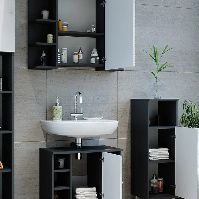 Vicco Badmöbel-Set Fynn Anthrazit 3 Teile, mit Midischrank - Gesamtbreite Badmöbel: 90 cm, Anthrazit, Glänzend - Dunkelgrauer Badunterschrank mit weißen Türen, integriertem Waschbecken und passenden Aufbewahrungsschränken.
