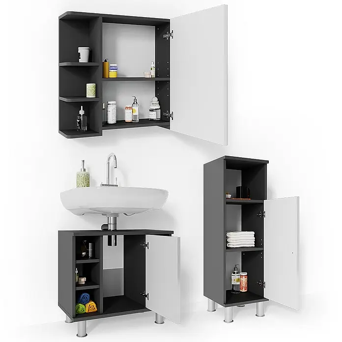 Vicco Badmöbel-Set Fynn Anthrazit 3 Teile, mit Midischrank - Gesamtbreite Badmöbel: 90 cm, Anthrazit, Glänzend - Dunkelgraues Badmöbelset mit weißen Fronten: Wandschrank, Waschbeckenunterschrank und Hochschrank.