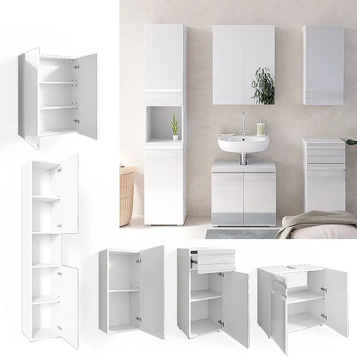 Vicco Badmöbel-Set Fredd Weiß Hochglanz 5 Teile - Gesamtbreite Badmöbel: 132,8 cm, Weiß Hochglanz, Glänzend - Set moderner weißer Badezimmerschränke, teils offen mit verstellbaren Regalböden, teils um ein Waschbecken arrangiert.