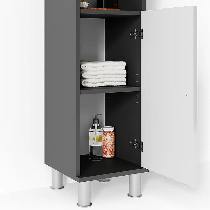 Vicco Badmöbel-Set Fynn Anthrazit 3 Teile, mit Midischrank - Gesamtbreite Badmöbel: 90 cm, Anthrazit, Glänzend - Dunkelgrauer Hochschrank mit weißer Tür, silbernen Beinen und Einlegeböden für Handtücher und Badzubehör.