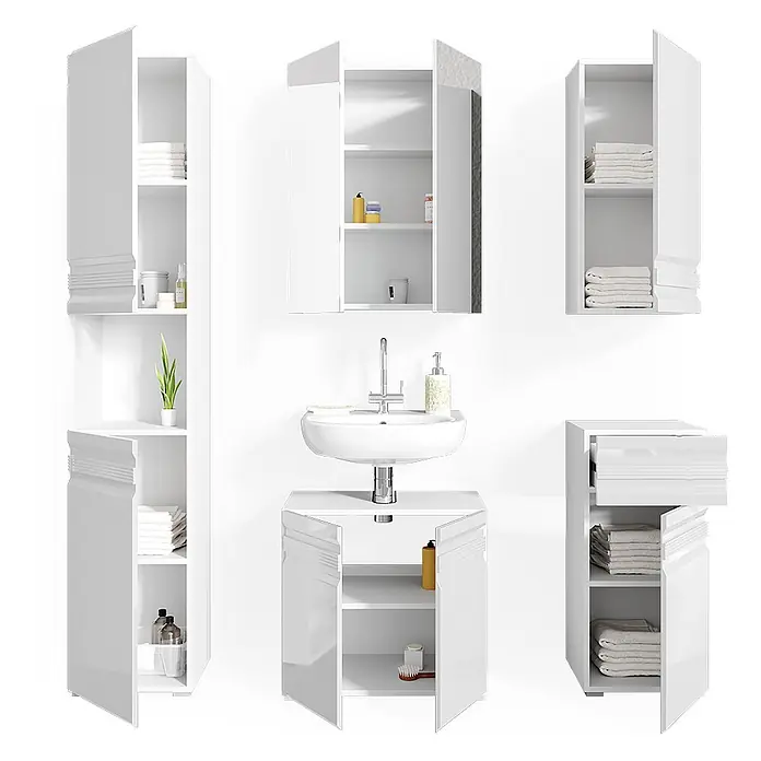 Vicco Badmöbel-Set Fredd Weiß Hochglanz 5 Teile - Gesamtbreite Badmöbel: 132,8 cm, Weiß Hochglanz, Glänzend - Weißes Badmöbel-Set mit Wandschränken, Waschtisch mit Waschbecken und hohem Stauraumschrank für organisierte Badlösungen.