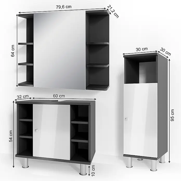 Vicco Badmöbel-Set Fynn Anthrazit 3 Teile, mit Midischrank - Gesamtbreite Badmöbel: 90 cm, Anthrazit, Glänzend - Dreiteiliges Badmöbel-Set in Dunkelgrau mit weißglänzenden Türen, bestehend aus Spiegelschrank, Unterschrank und Hochschrank.