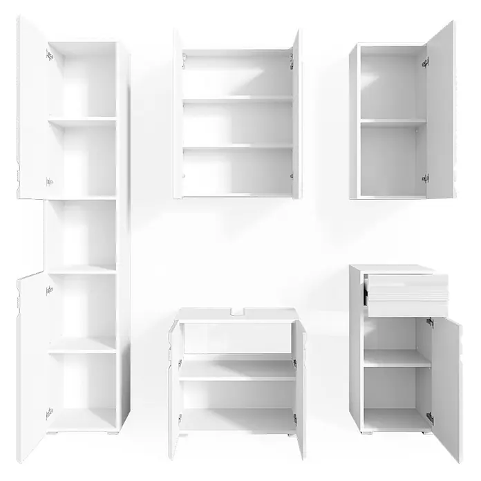 Vicco Badmöbel-Set Fredd Weiß Hochglanz 5 Teile - Gesamtbreite Badmöbel: 132,8 cm, Weiß Hochglanz, Glänzend - Weißes modulares Badschrank-Set mit verschiedenen Aufbewahrungseinheiten.