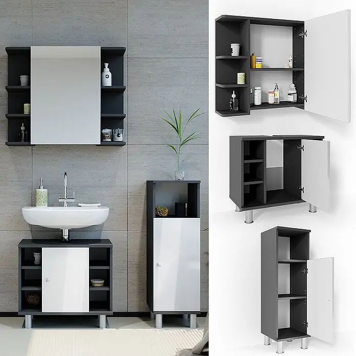 Vicco Badmöbel-Set Fynn Anthrazit 3 Teile, mit Midischrank - Gesamtbreite Badmöbel: 90 cm, Anthrazit, Glänzend - Dunkelgraues und weißes Badmöbel-Set: Spiegelschrank, Waschbeckenunterschrank und Hochschrank. Inkl. Ansichten mit geöffneten Türen.