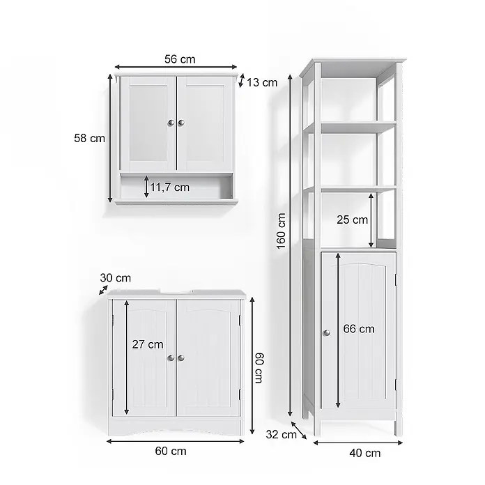 Vicco Badmöbel-Set Bianco Weiß 3 Teile, mit Hochschrank - Gesamtbreite Badmöbel: 100 cm, Weiß, Matt - Drei weiße Badschränke mit Maßen: ein Wandschrank, ein Waschbeckenunterschrank und ein hoher Schrank mit Regalen.