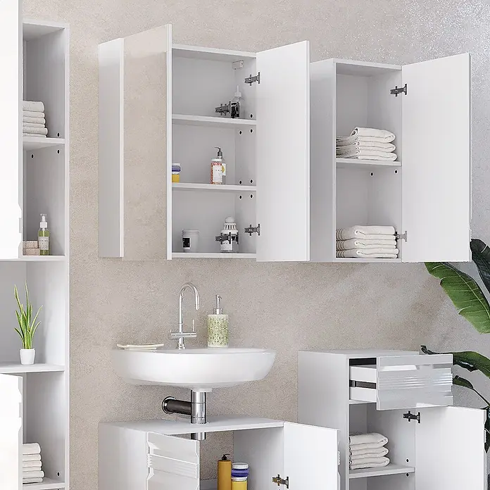 Vicco Badmöbel-Set Fredd Weiß Hochglanz 5 Teile - Gesamtbreite Badmöbel: 132,8 cm, Weiß Hochglanz, Glänzend - Weißes, glänzendes modulares Badmöbelset mit Waschbecken und Ablageregalen.