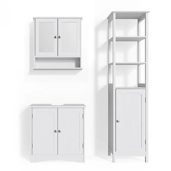 Vicco Badmöbel-Set Bianco Weiß 3 Teile, mit Hochschrank - Gesamtbreite Badmöbel: 100 cm, Weiß, Matt - Set aus drei weißen Badschränken aus Holz: ein Wandschrank, ein Waschbeckenunterschrank und ein hoher Hochschrank.