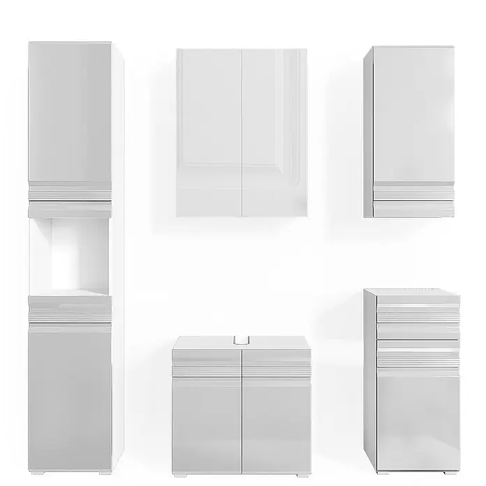 Vicco Badmöbel-Set Fredd Weiß Hochglanz 5 Teile - Gesamtbreite Badmöbel: 132,8 cm, Weiß Hochglanz, Glänzend - Set weißer, glänzender modularer Badschränke mit horizontalen Texturdetails, darunter hohe, Wand- und Unterschränke.