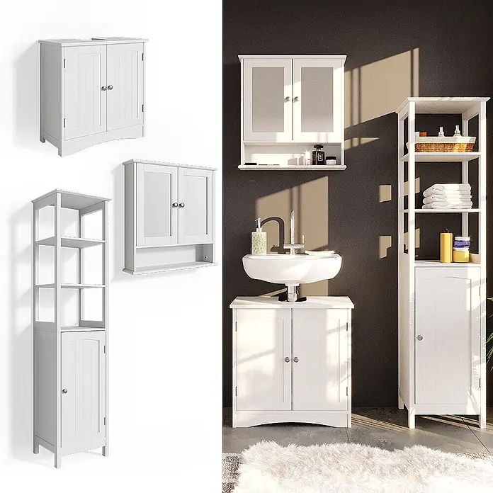 Vicco Badmöbel-Set Bianco Weiß 3 Teile, mit Hochschrank - Gesamtbreite Badmöbel: 100 cm, Weiß, Matt - Weißes Badmöbel-Set: ein Waschtischunterschrank, ein Spiegelschrank und ein hoher Badschrank mit Regalen.