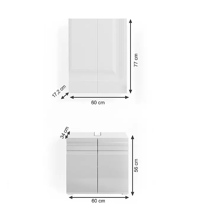 Vicco Badmöbel-Set Fredd Weiß Hochglanz 2 Teile - Gesamtbreite Badmöbel: 60 cm, Weiß Hochglanz, Glänzend - Zwei weiße zweitürige Schränke: ein Wandschrank und ein Unterschrank, zur Aufbewahrung.