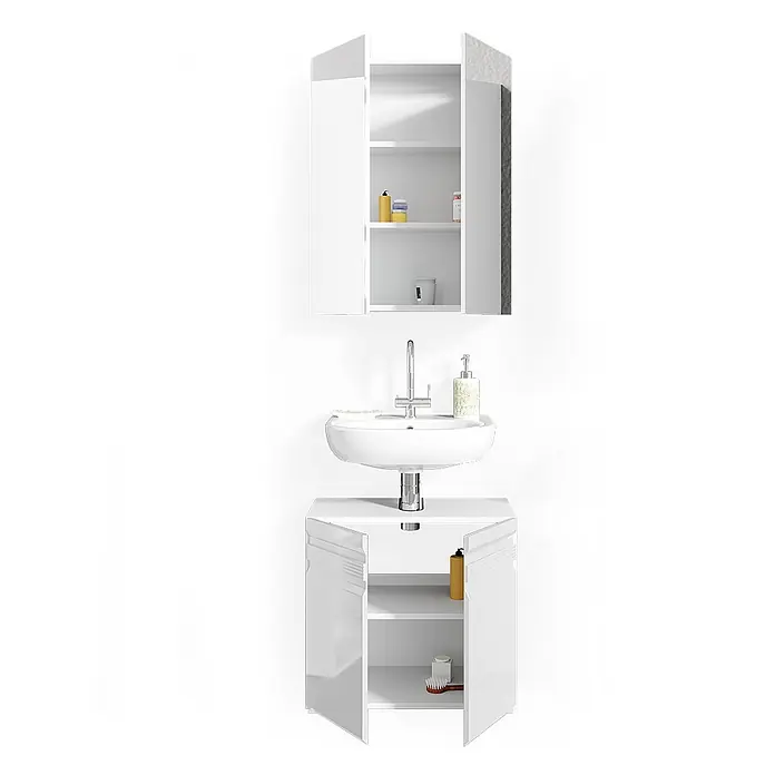 Vicco Badmöbel-Set Fredd Weiß Hochglanz 2 Teile - Gesamtbreite Badmöbel: 60 cm, Weiß Hochglanz, Glänzend - Weißes hochglänzendes Badmöbel-Set mit Hängeschrank, Waschbecken und Unterschrank für Stauraum.