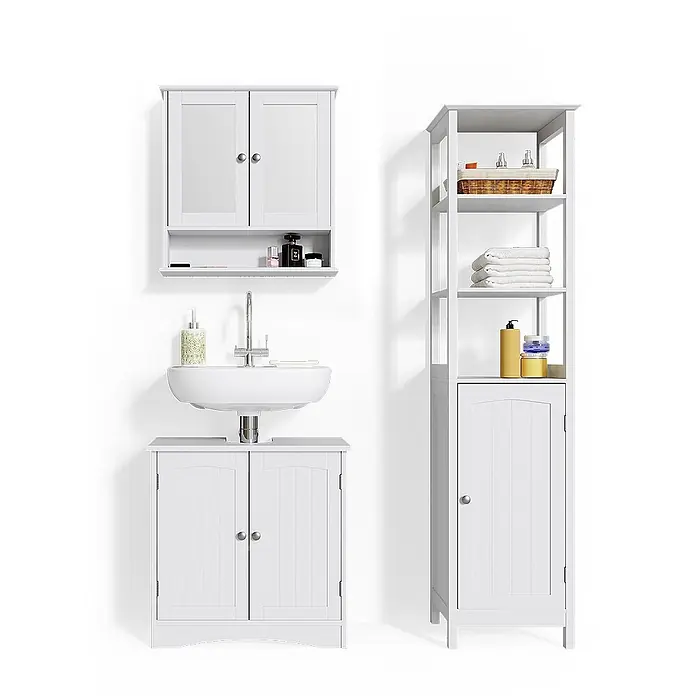 Vicco Badmöbel-Set Bianco Weiß 3 Teile, mit Hochschrank - Gesamtbreite Badmöbel: 100 cm, Weiß, Matt - Weißes Badmöbel-Set aus Holz: Hängeschrank, Waschtischunterschrank und hoher Schrank mit Regalen und Tür.