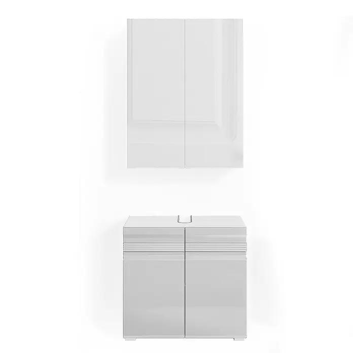 Vicco Badmöbel-Set Fredd Weiß Hochglanz 2 Teile - Gesamtbreite Badmöbel: 60 cm, Weiß Hochglanz, Glänzend - Zwei weiße Hochglanzschränke: ein Wandschrank und ein Unterschrank mit U-förmiger Aussparung.