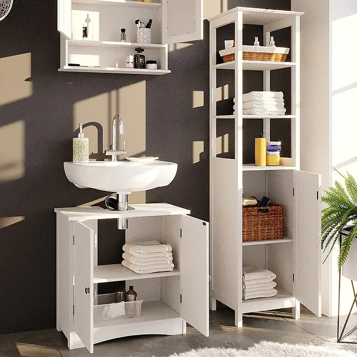 Vicco Badmöbel-Set Bianco Weiß 3 Teile, mit Hochschrank - Gesamtbreite Badmöbel: 100 cm, Weiß, Matt - Weißes Badmöbel-Set: Waschtisch mit Waschbecken, Wandschrank und Hochschrank für Pflegeprodukte und Handtücher.