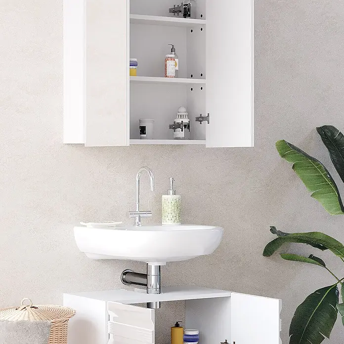 Vicco Badmöbel-Set Fredd Weiß Hochglanz 2 Teile - Gesamtbreite Badmöbel: 60 cm, Weiß Hochglanz, Glänzend - Weißer wandmontierter Badezimmerschrank mit zwei offenen Türen, bietet Stauraum über einem Waschbecken.