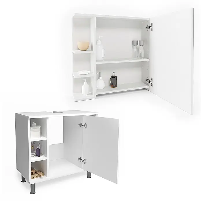 Vicco Badmöbel-Set Fynn Weiß 2 Teile - Gesamtbreite Badmöbel: 60 cm, Weiß, Matt - Weißes Badezimmerschrank-Set aus Holz mit Hänge- und Stehschrank, offenen Regalen und Scharniertüren.