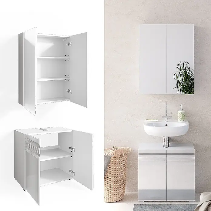 Vicco Badmöbel-Set Fredd Weiß Hochglanz 2 Teile - Gesamtbreite Badmöbel: 60 cm, Weiß Hochglanz, Glänzend - Weißes Badmöbel-Set: Hängeschrank und Waschtischunterschrank mit offenen Türen, verstellbaren Einlegeböden und integriertem Waschbecken.